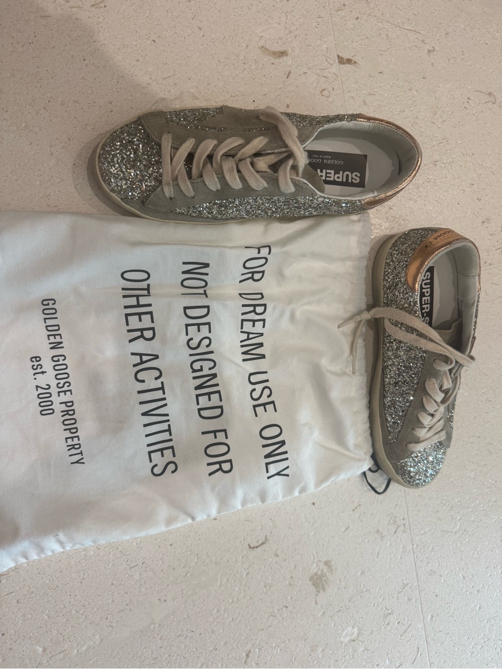Golden Goose Silver Glitter Low-Top Sneakers with Tan Heel Tab